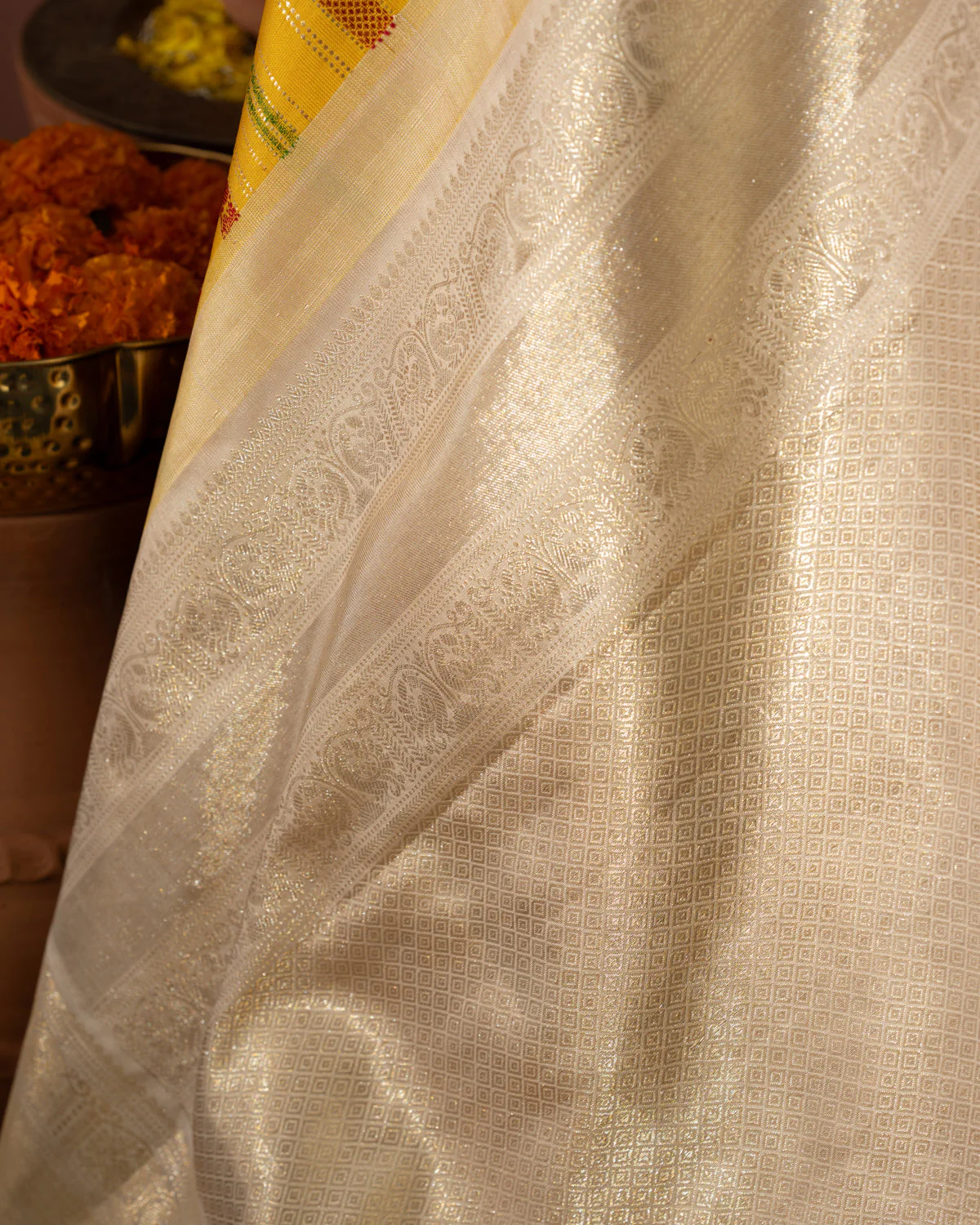 Yellow & Beige Kanchipuram Silk Saree With Thread & Zari Weave - Image 3