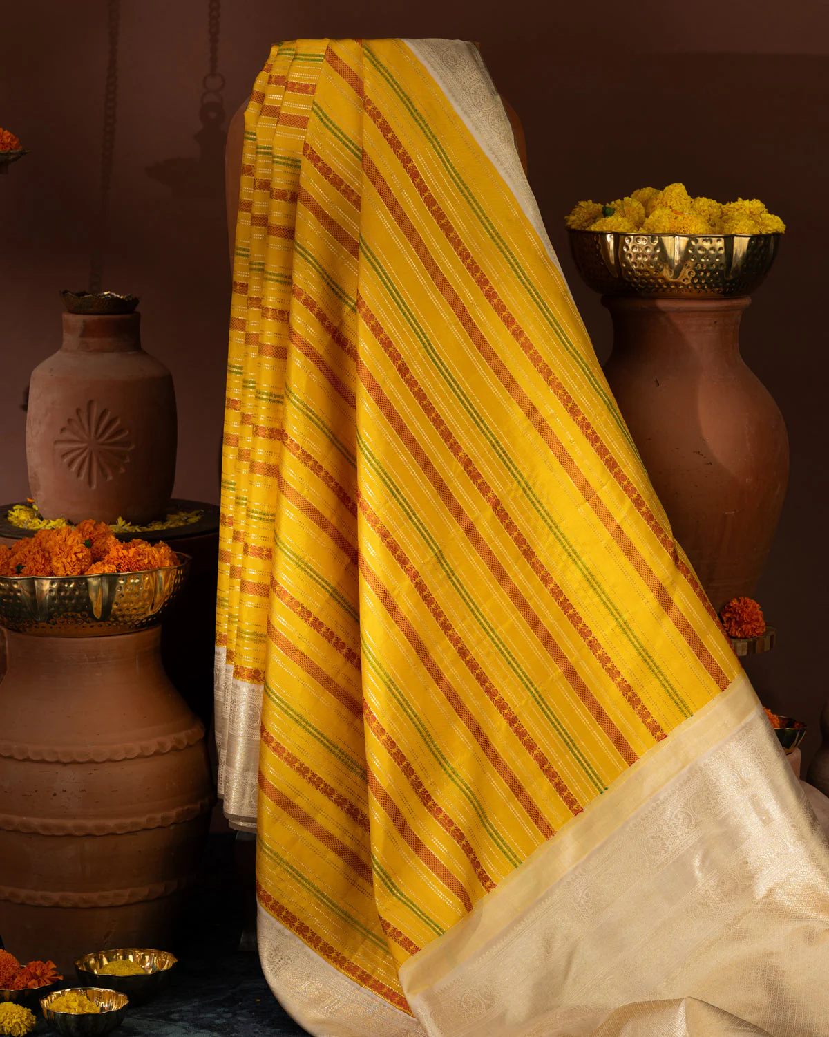Yellow & Beige Kanchipuram Silk Saree With Thread & Zari Weave - Image 4