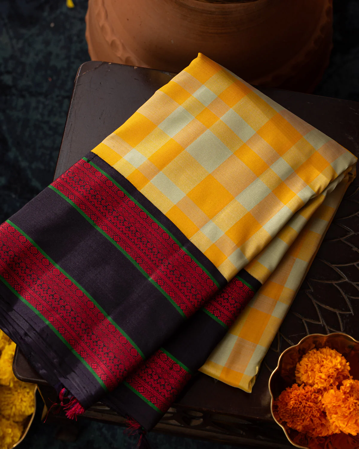 Yellow Kanchipuram Silk Saree With Different Colored Checks In The Body - Image 10