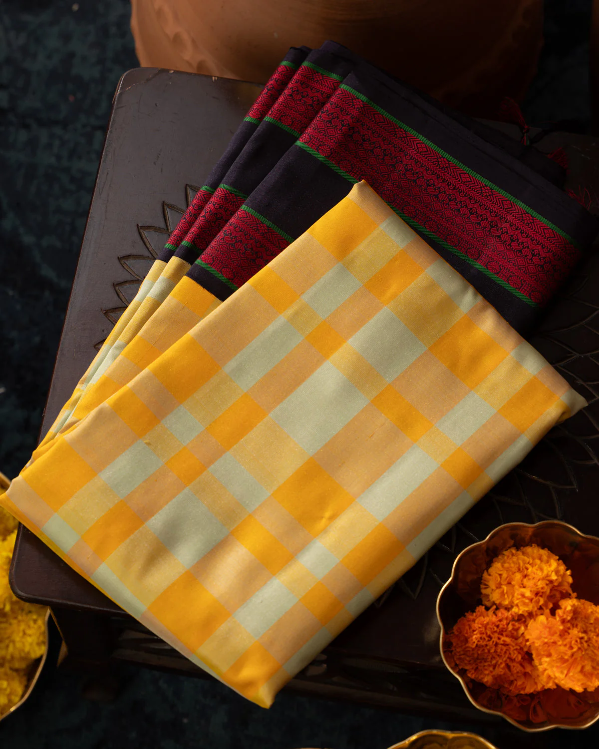 Yellow Kanchipuram Silk Saree With Different Colored Checks In The Body - Image 11