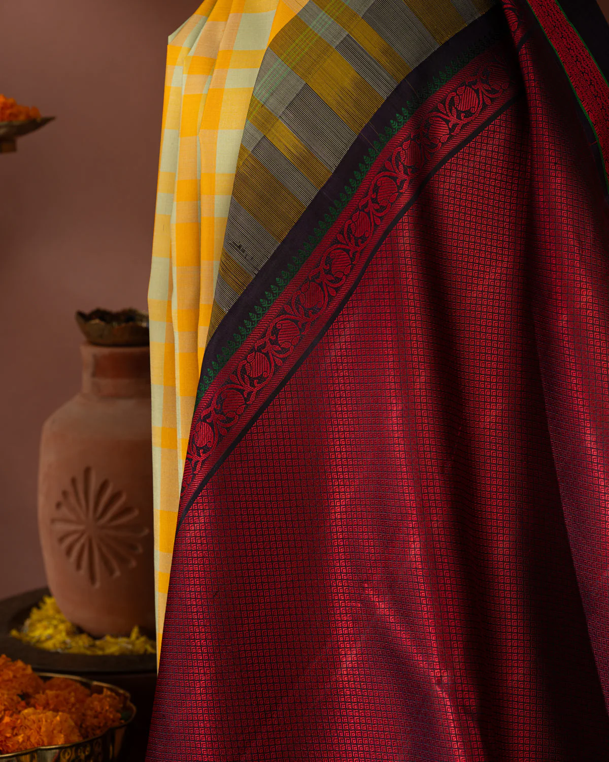 Yellow Kanchipuram Silk Saree With Different Colored Checks In The Body - Image 3