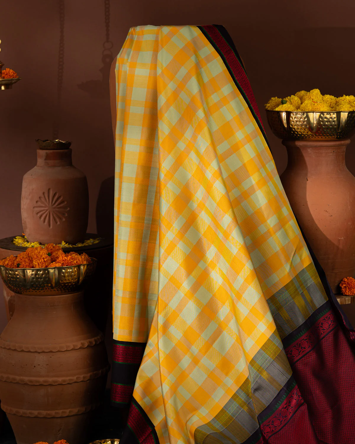 Yellow Kanchipuram Silk Saree With Different Colored Checks In The Body - Image 4