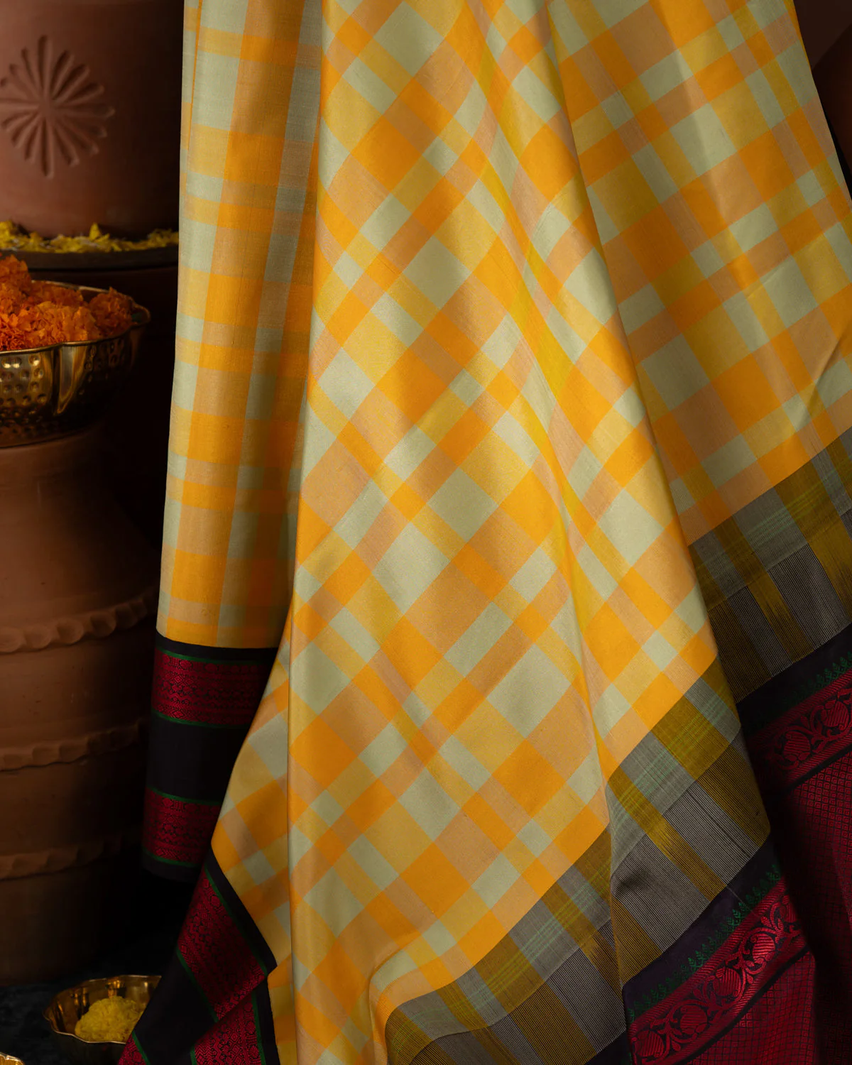 Yellow Kanchipuram Silk Saree With Different Colored Checks In The Body - Image 5