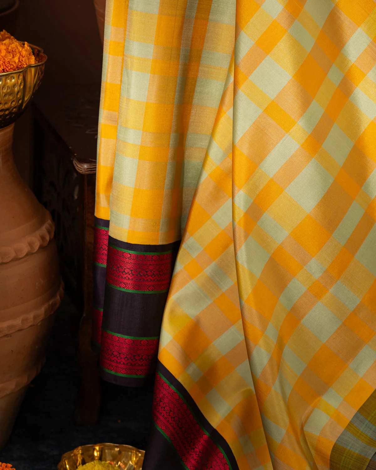 Yellow Kanchipuram Silk Saree With Different Colored Checks In The Body - Image 6