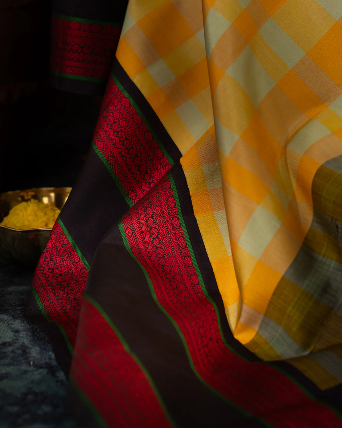 Yellow Kanchipuram Silk Saree With Different Colored Checks In The Body - Image 7