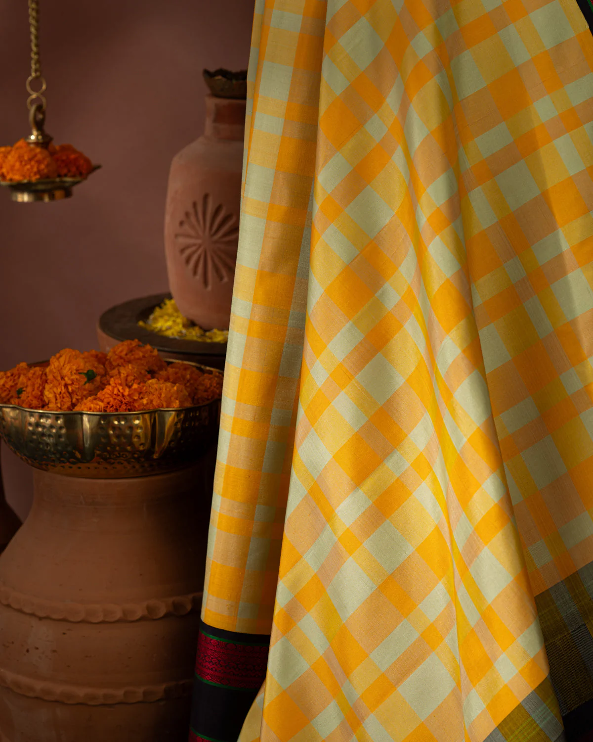 Yellow Kanchipuram Silk Saree With Different Colored Checks In The Body - Image 8