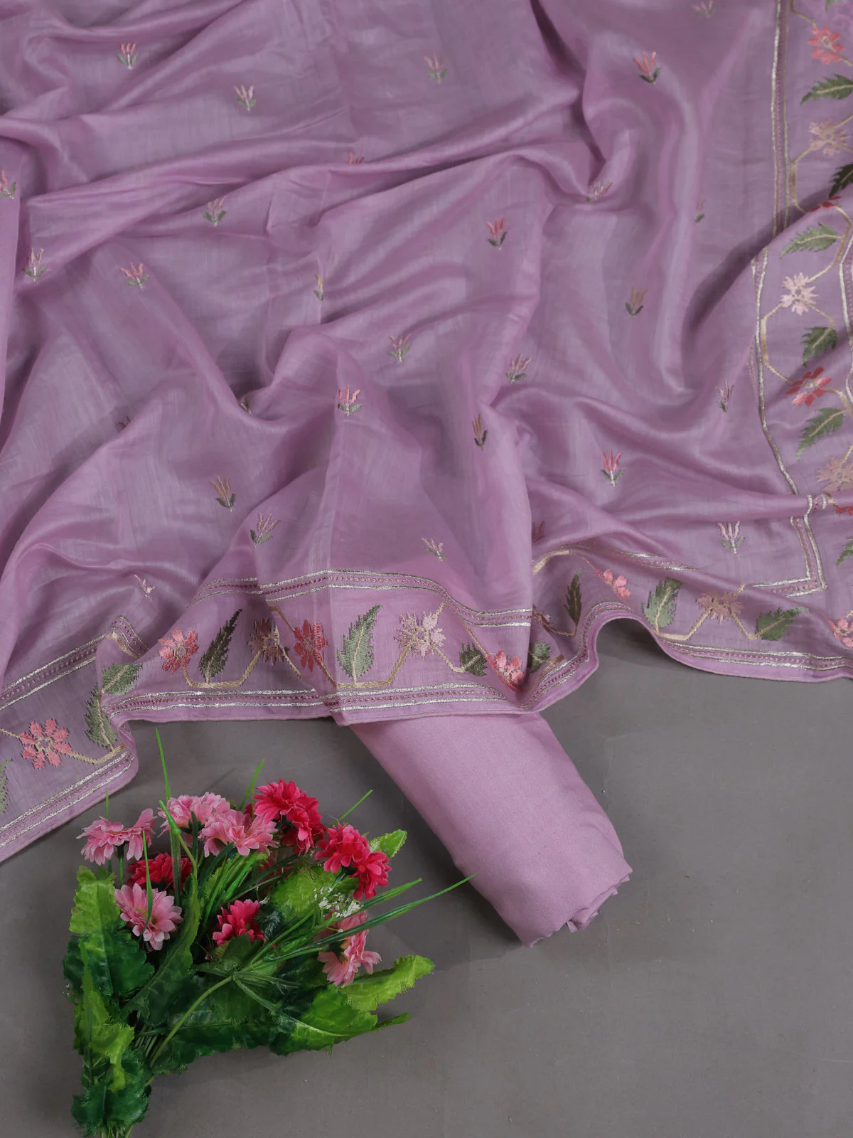 Lavender Mul Chanderi Semi Stitched Suit - Image 2