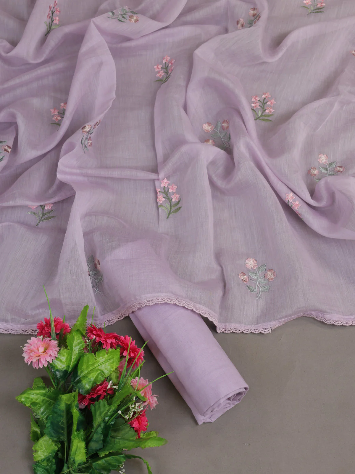 Lavender Mul Chanderi Unstitched Suit - Image 2