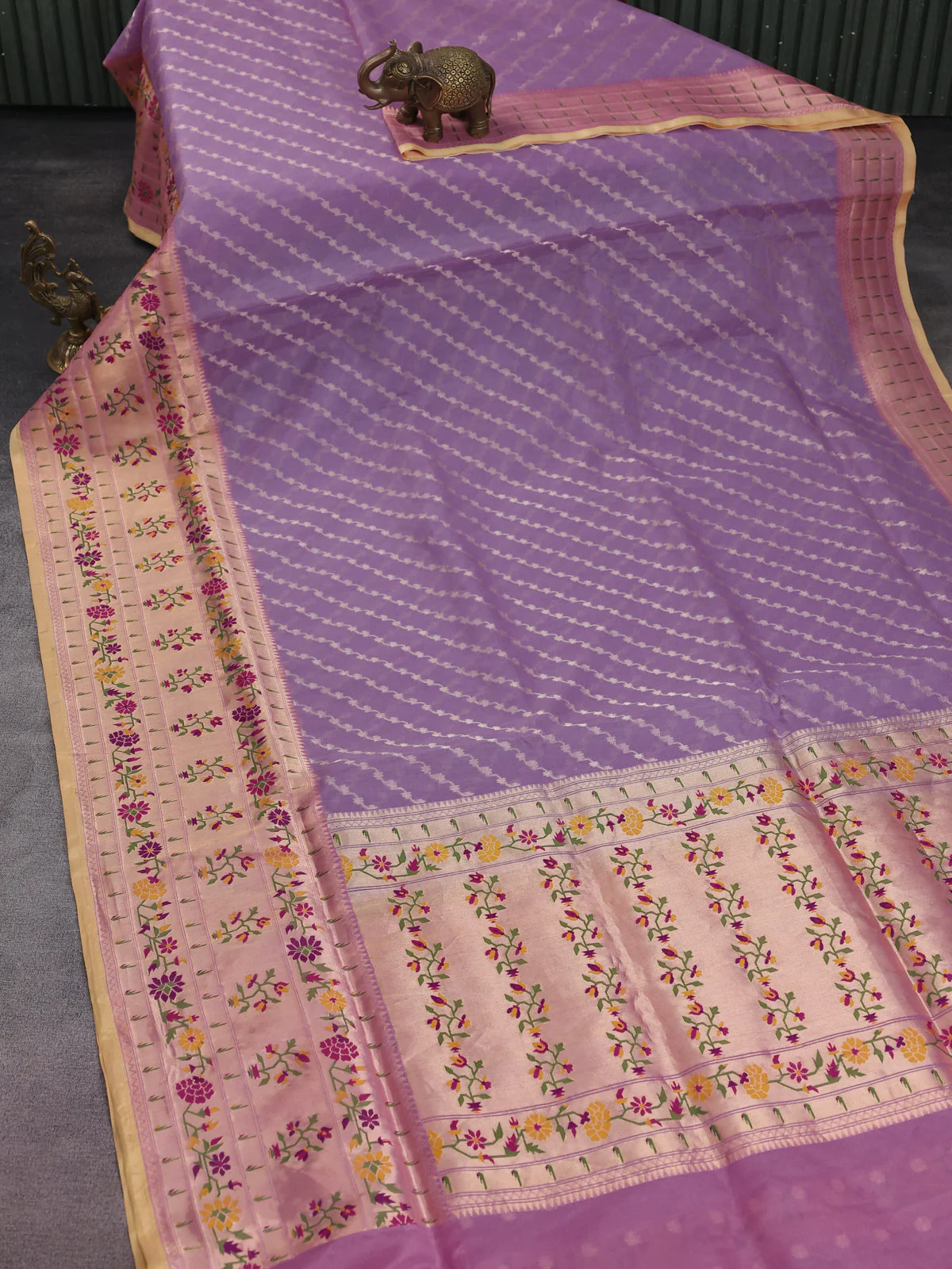 Lavender-Pale Yellow Banarasi Kora Silk Saree - Image 2
