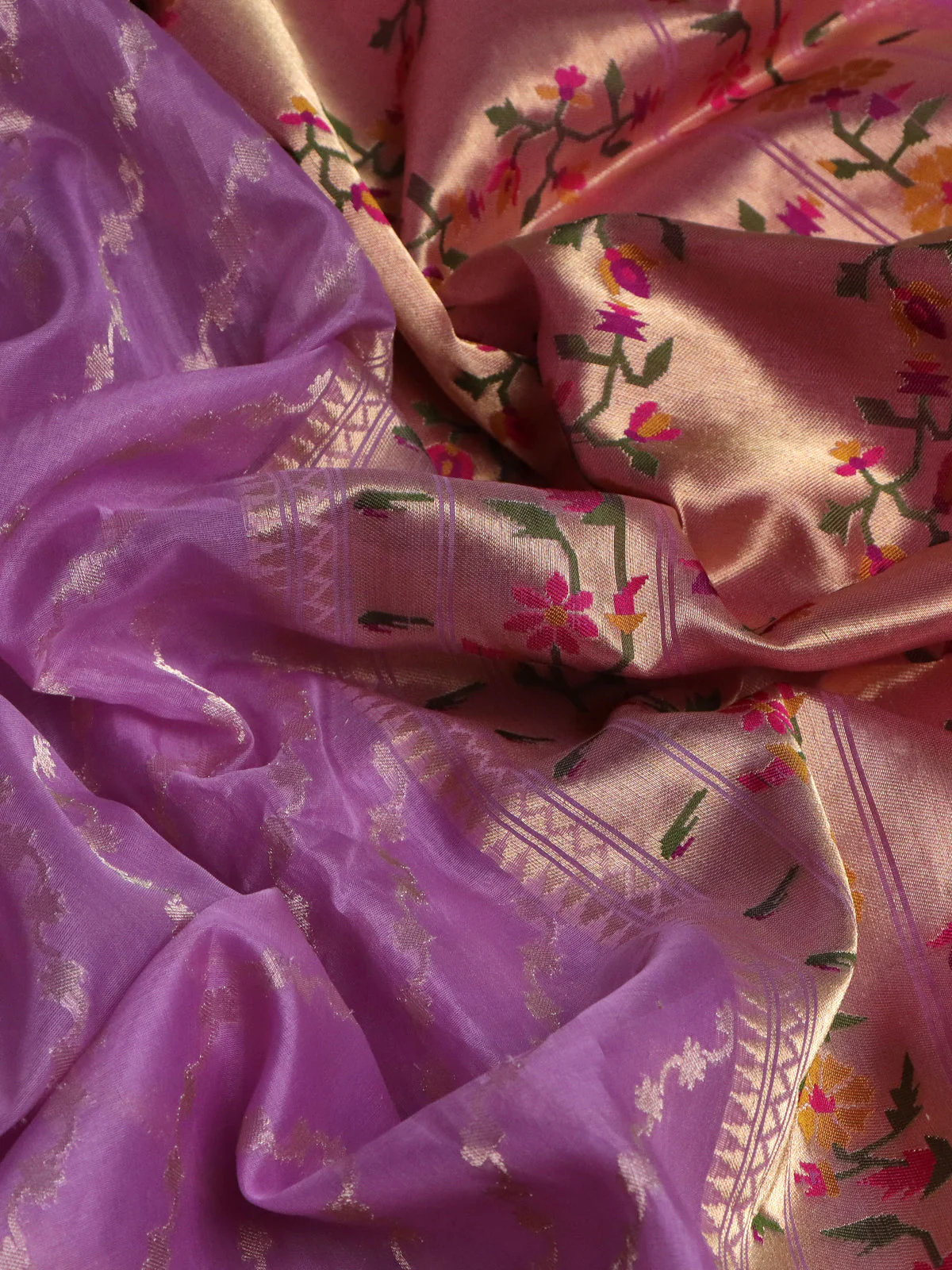 Lavender-Pale Yellow Banarasi Kora Silk Saree - Image 3
