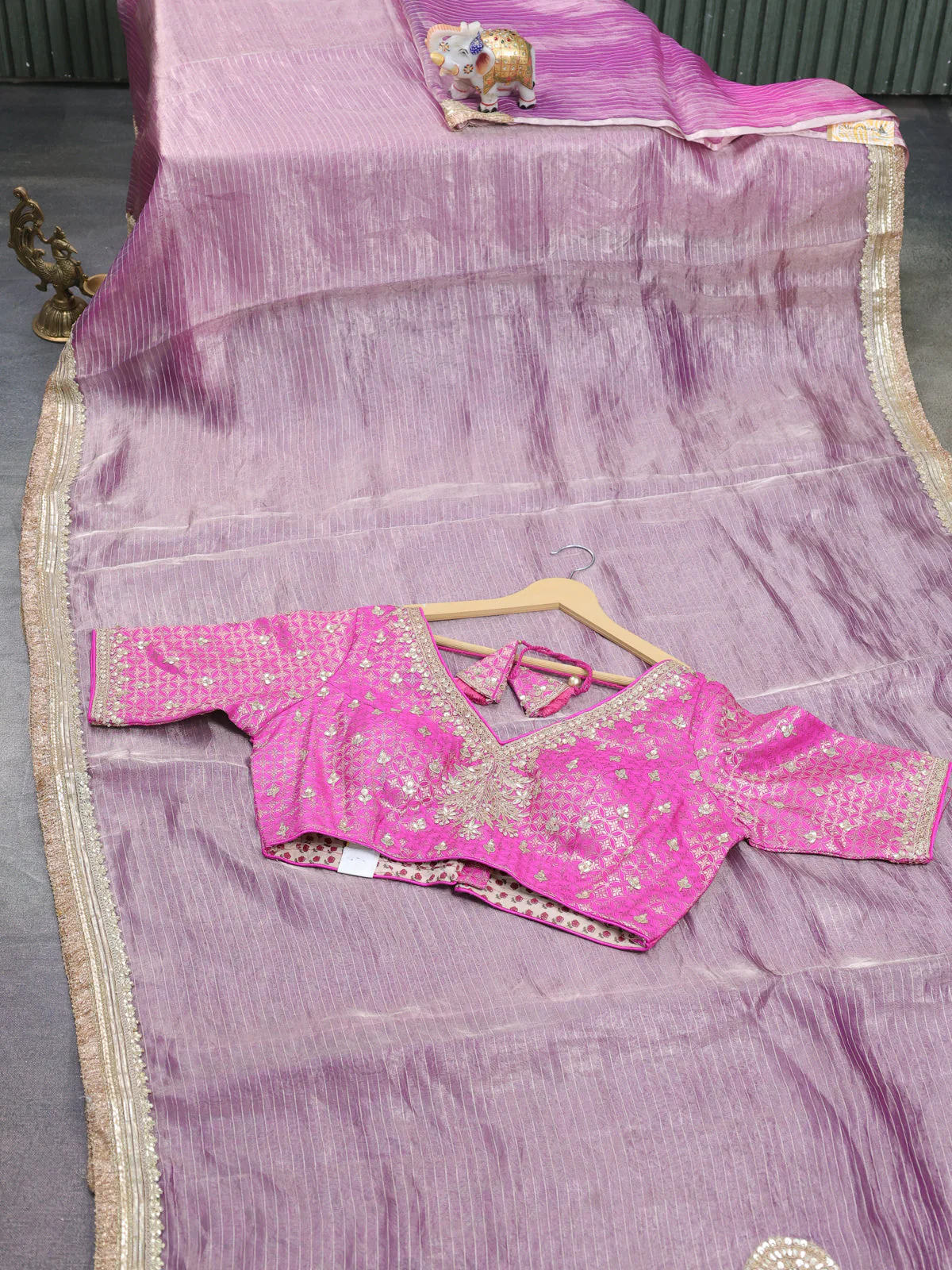Lavender-Pink Tissue Silk Saree With Embroidered Readymade Blouse