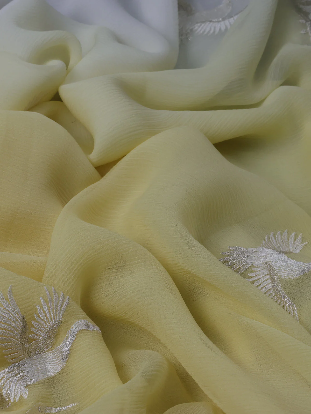 Lemon Yellow And Off White Chiffon Saree Parsi Embroidery - Image 3