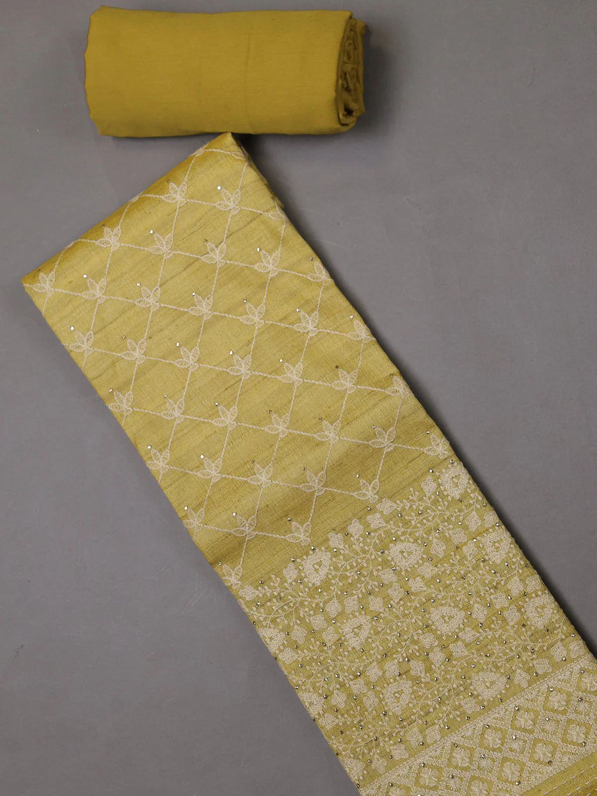 Lemon Yellow Tussar Silk Unstitched Suit - Image 2