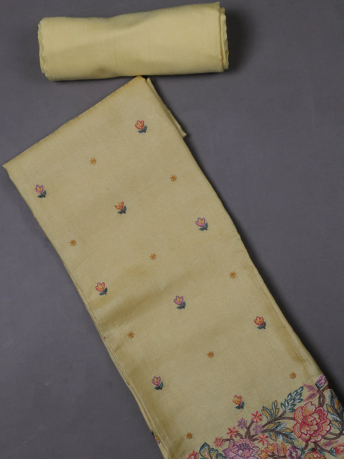Lemon Yellow Tussar Silk Unstitched Suit - Image 2
