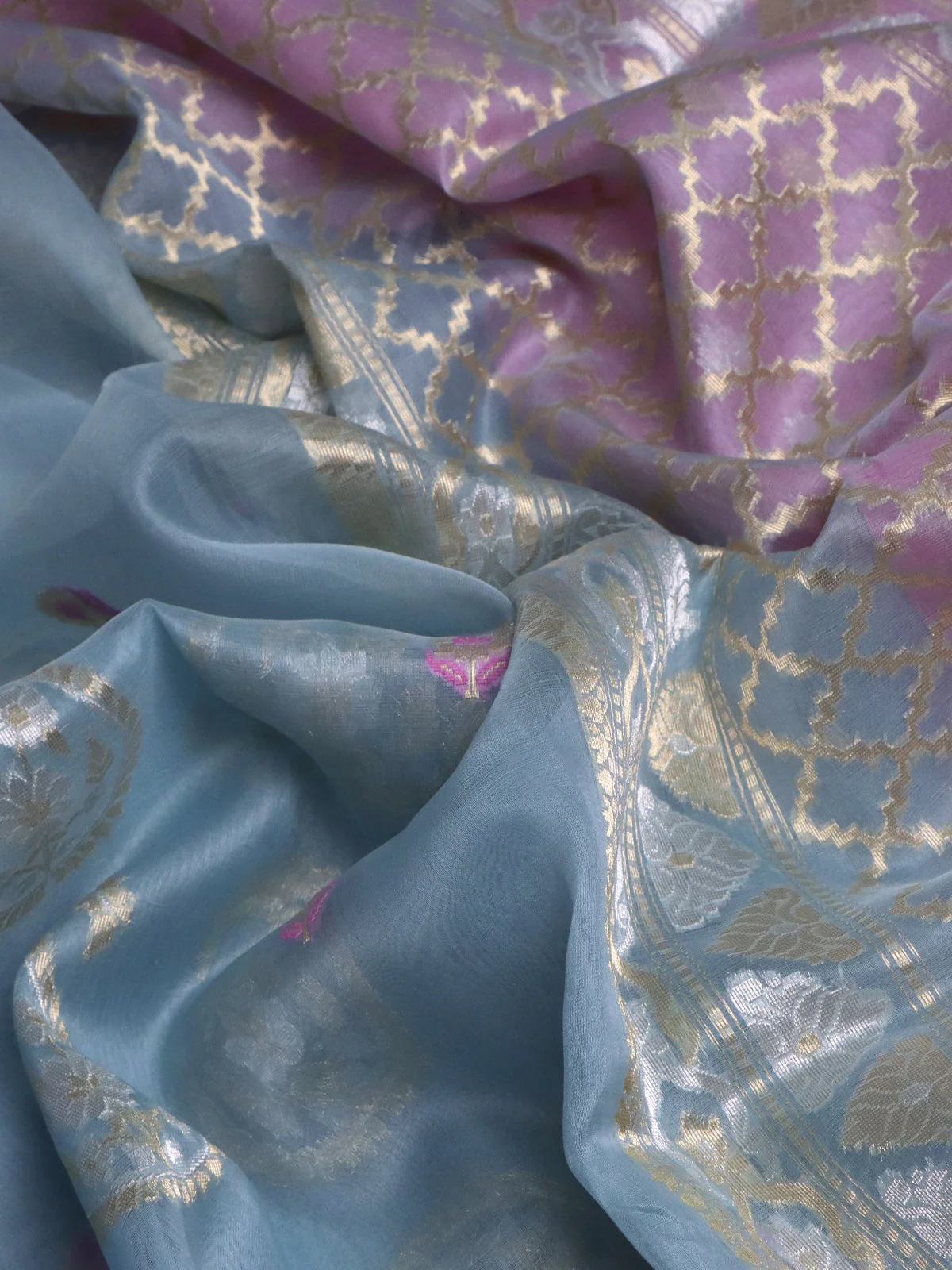 Light Blue-Light Pink Banarasi Kora Silk Saree - Image 3