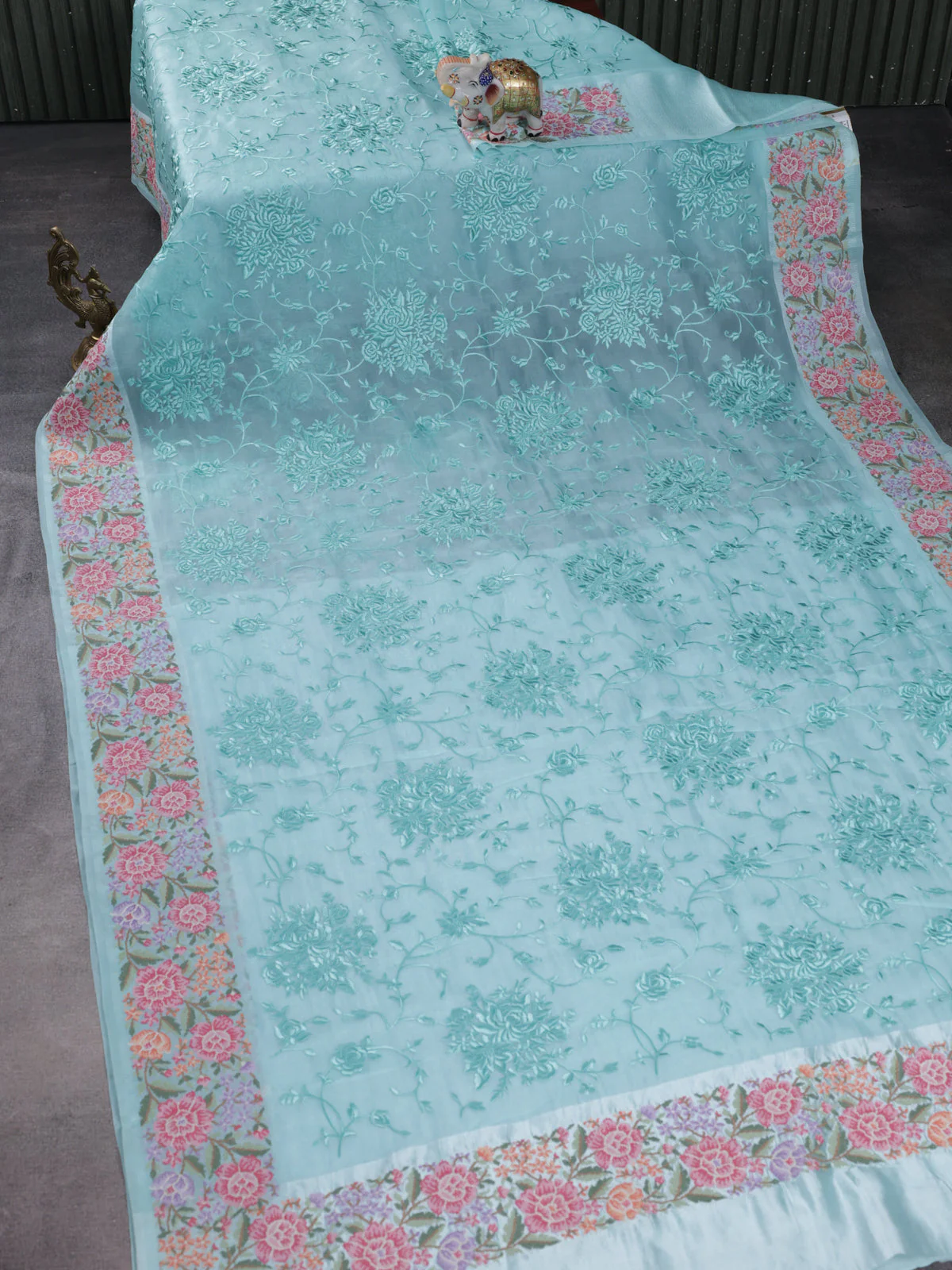 Light Blue Organza Silk Saree With Allover Parsi Work & Kutch Embroided Border - Image 2