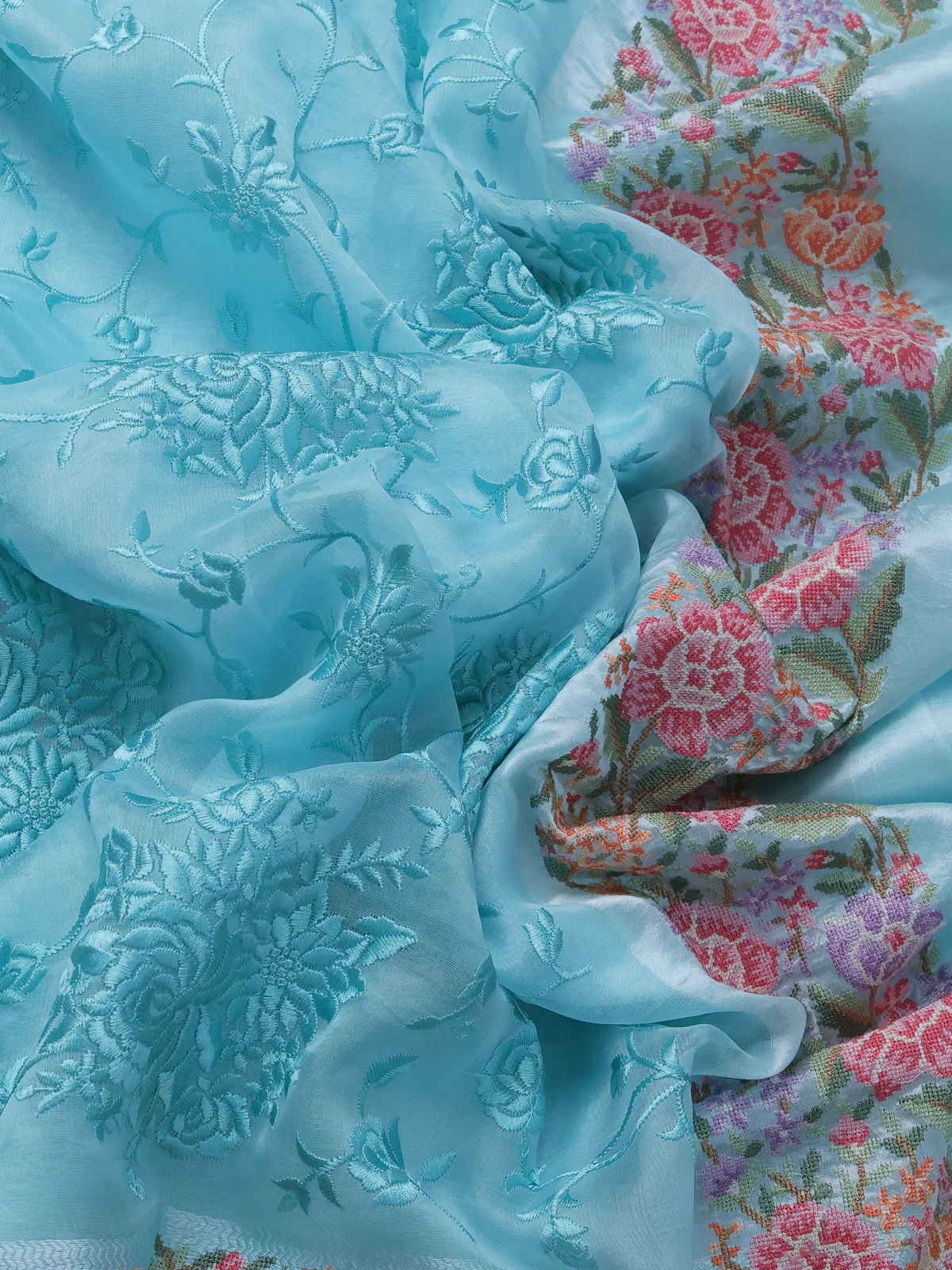 Light Blue Organza Silk Saree With Allover Parsi Work & Kutch Embroided Border - Image 3