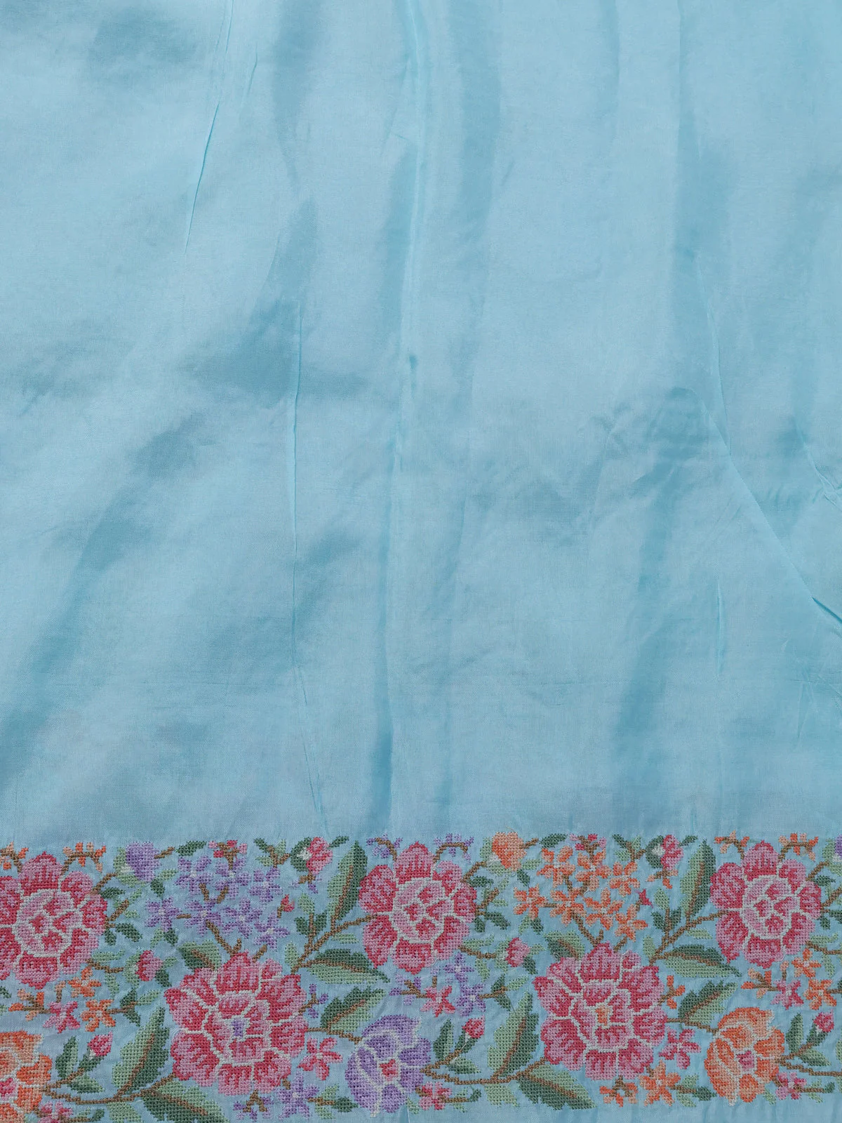 Light Blue Organza Silk Saree With Allover Parsi Work & Kutch Embroided Border - Image 4