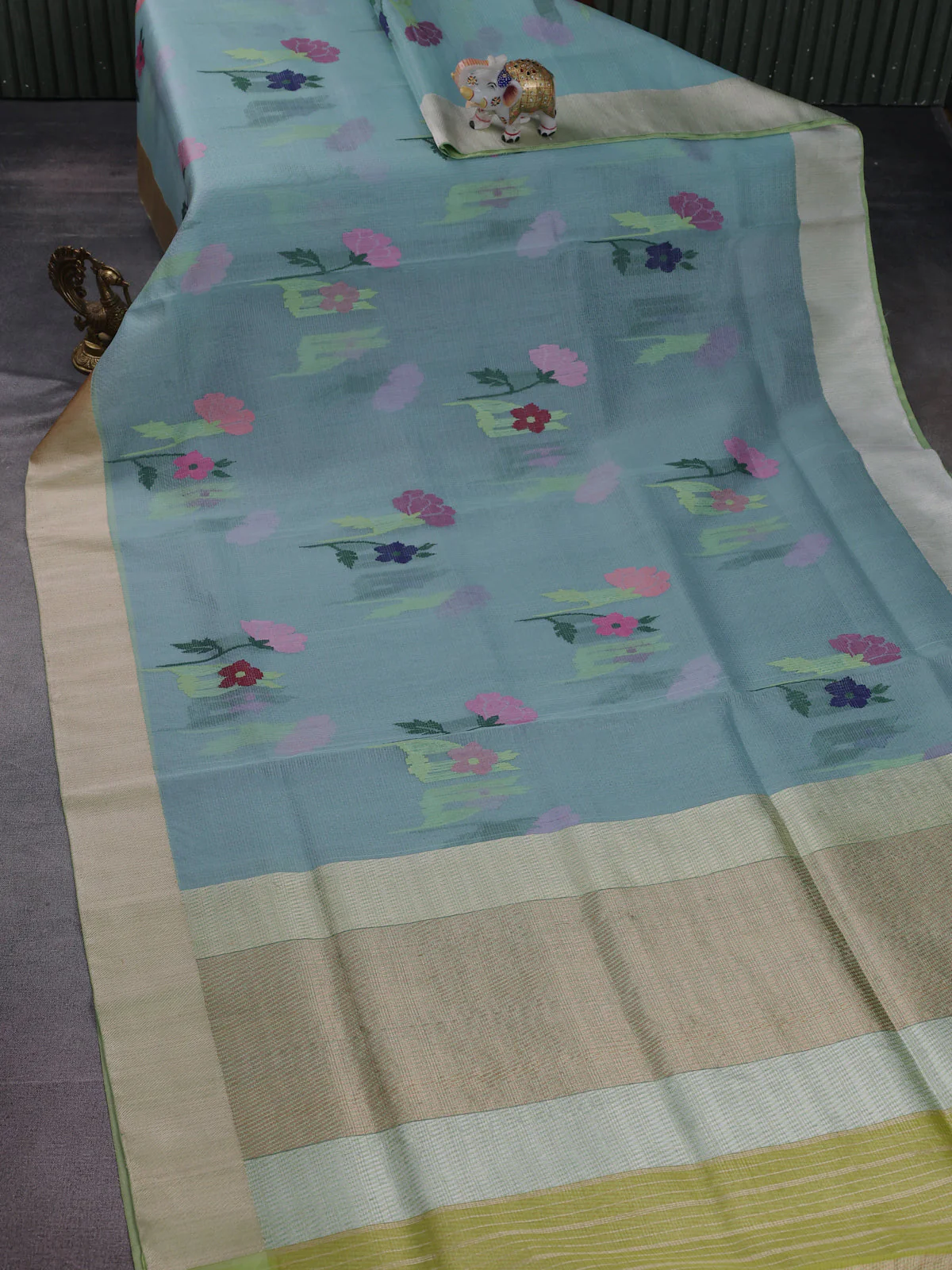 Light Blue- Pista Green Banarasi Kora Silk Saree - Image 2