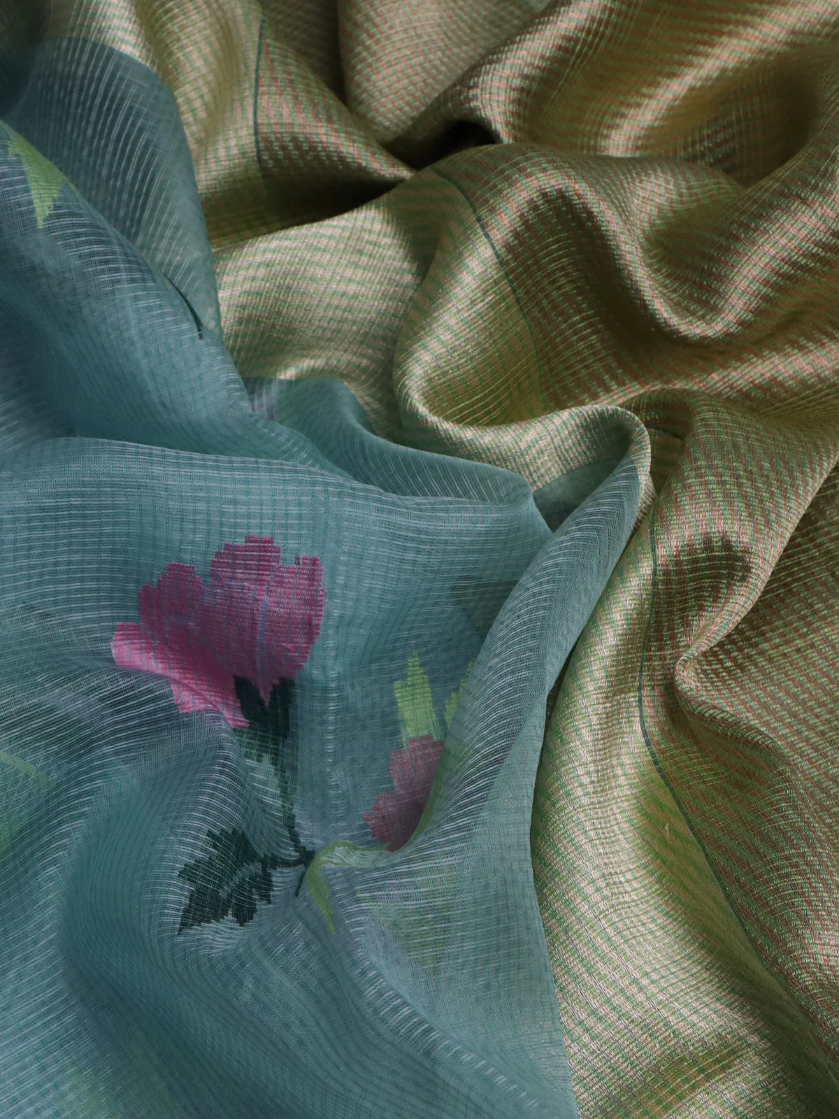 Light Blue- Pista Green Banarasi Kora Silk Saree - Image 3