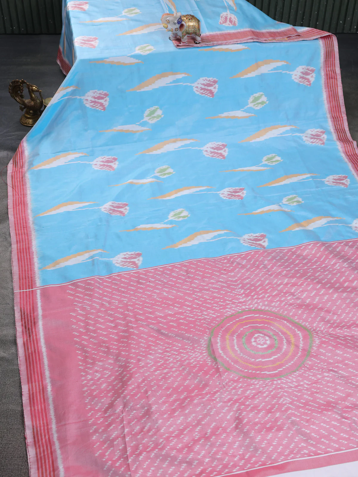 Light Blue-Red Pochampally Silk Saree - Image 2