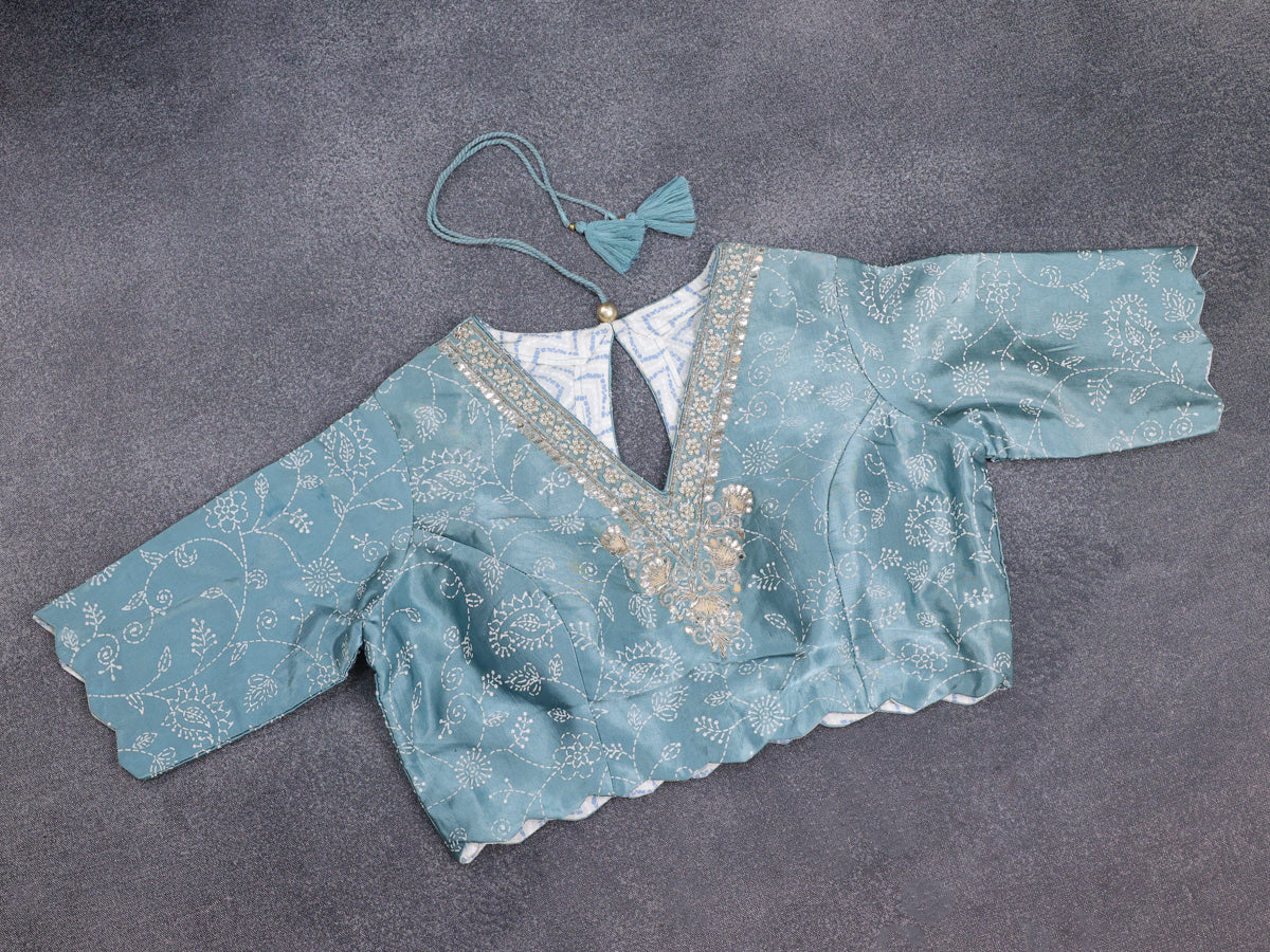Light Blue Tussar Silk Saree With Embroidered Readymade Blouse - Image 4