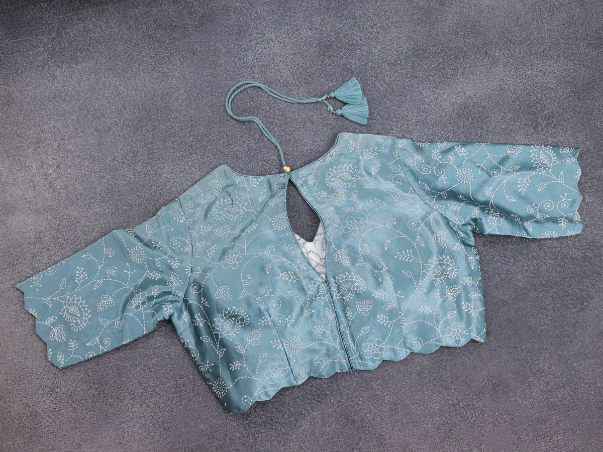 Light Blue Tussar Silk Saree With Embroidered Readymade Blouse - Image 5