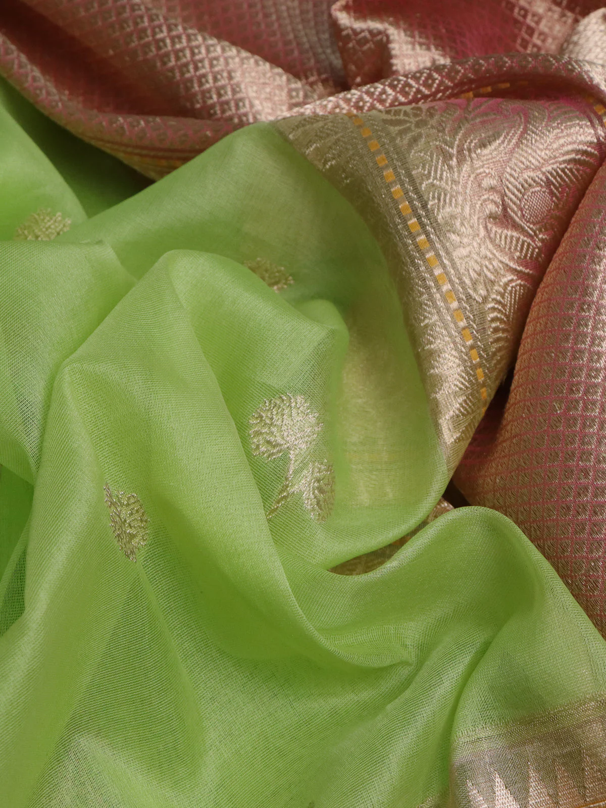 Light Green-Pink Banarasi Kora Silk Saree - Image 3