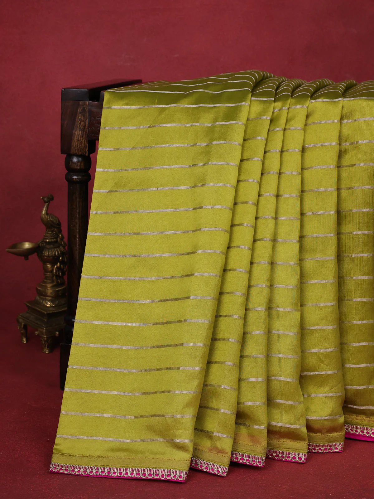 Light Green-Pink Chiniya Silk Saree With Embroidery Readymade Blouse - Image 3