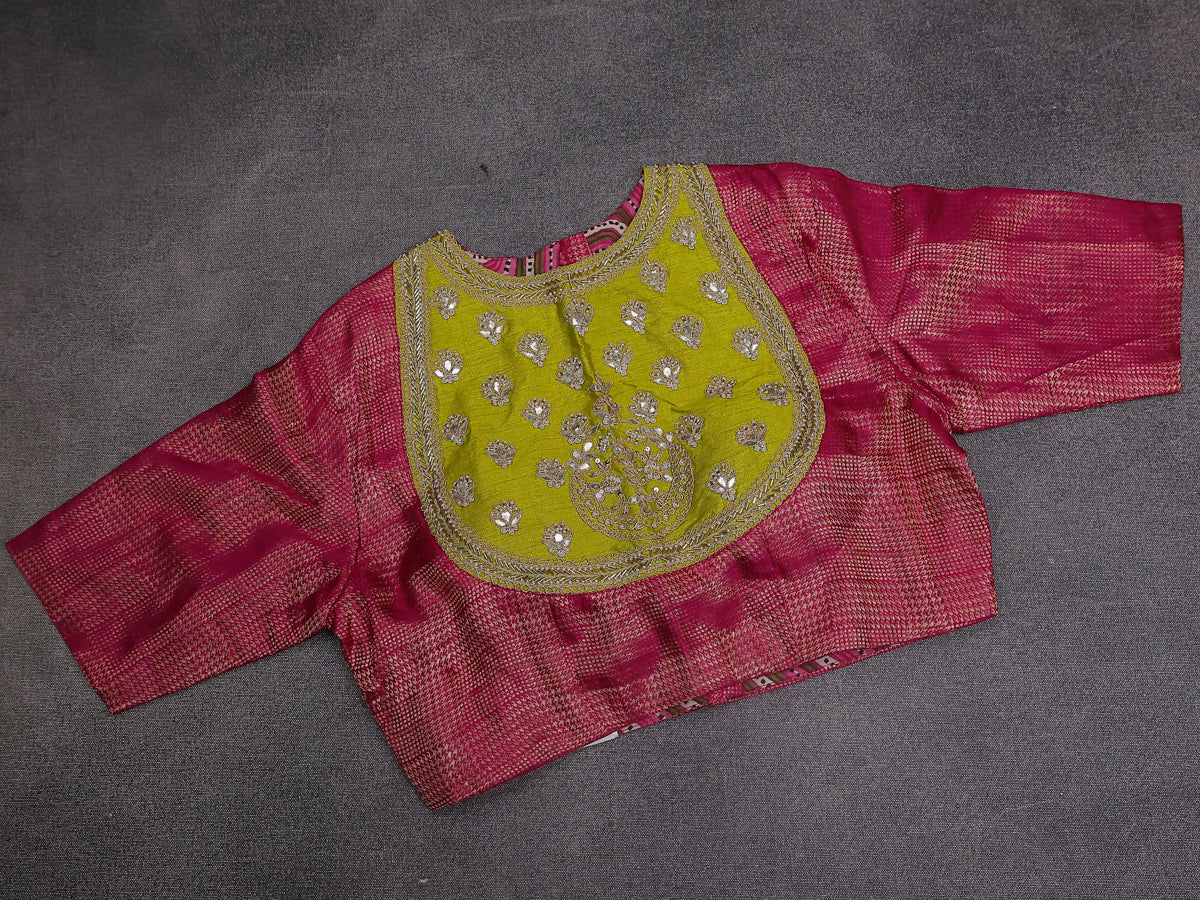 Light Green-Pink Chiniya Silk Saree With Embroidery Readymade Blouse - Image 6