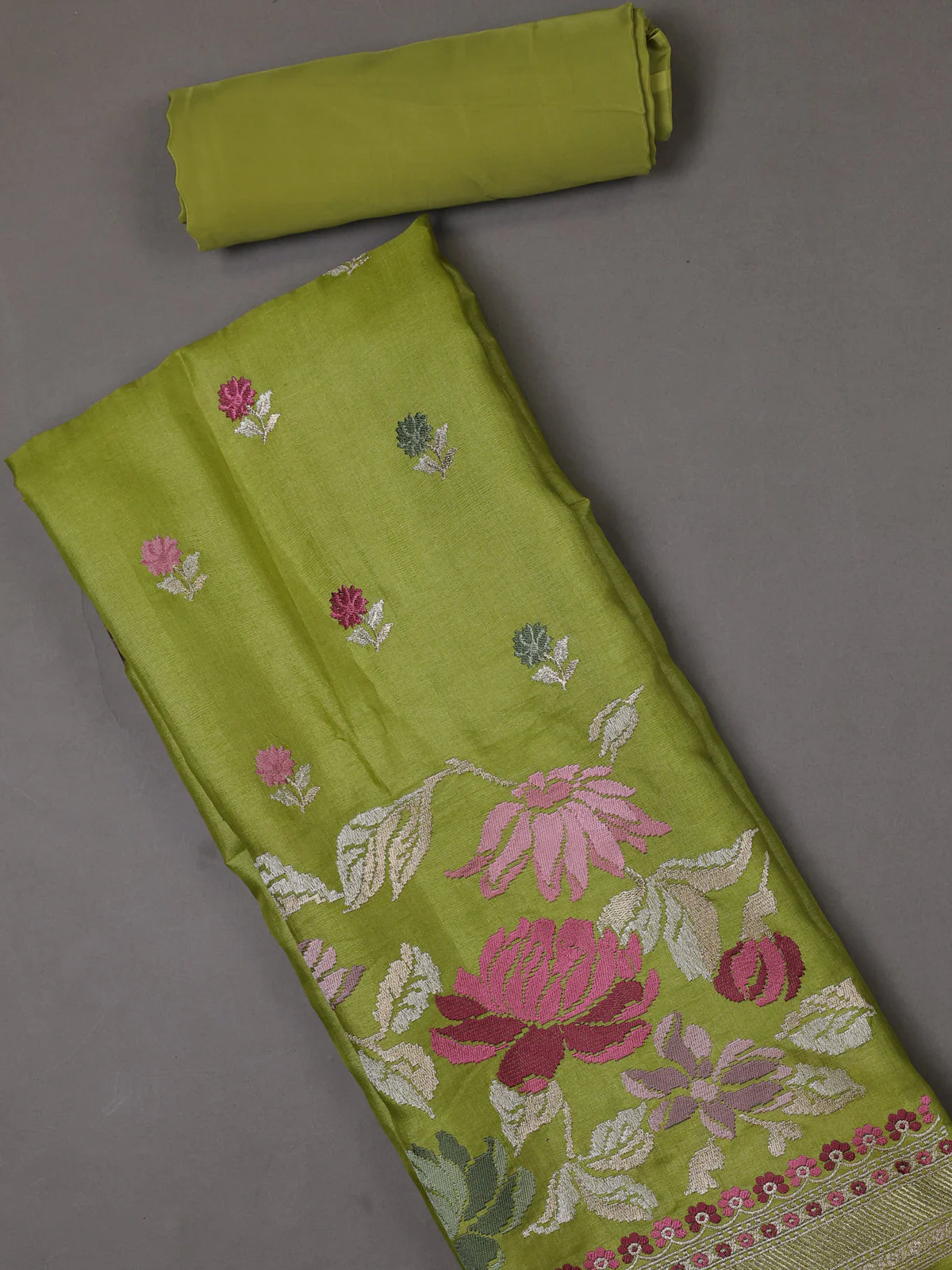 Light Green Tussar Silk Unstitched Suit - Image 2