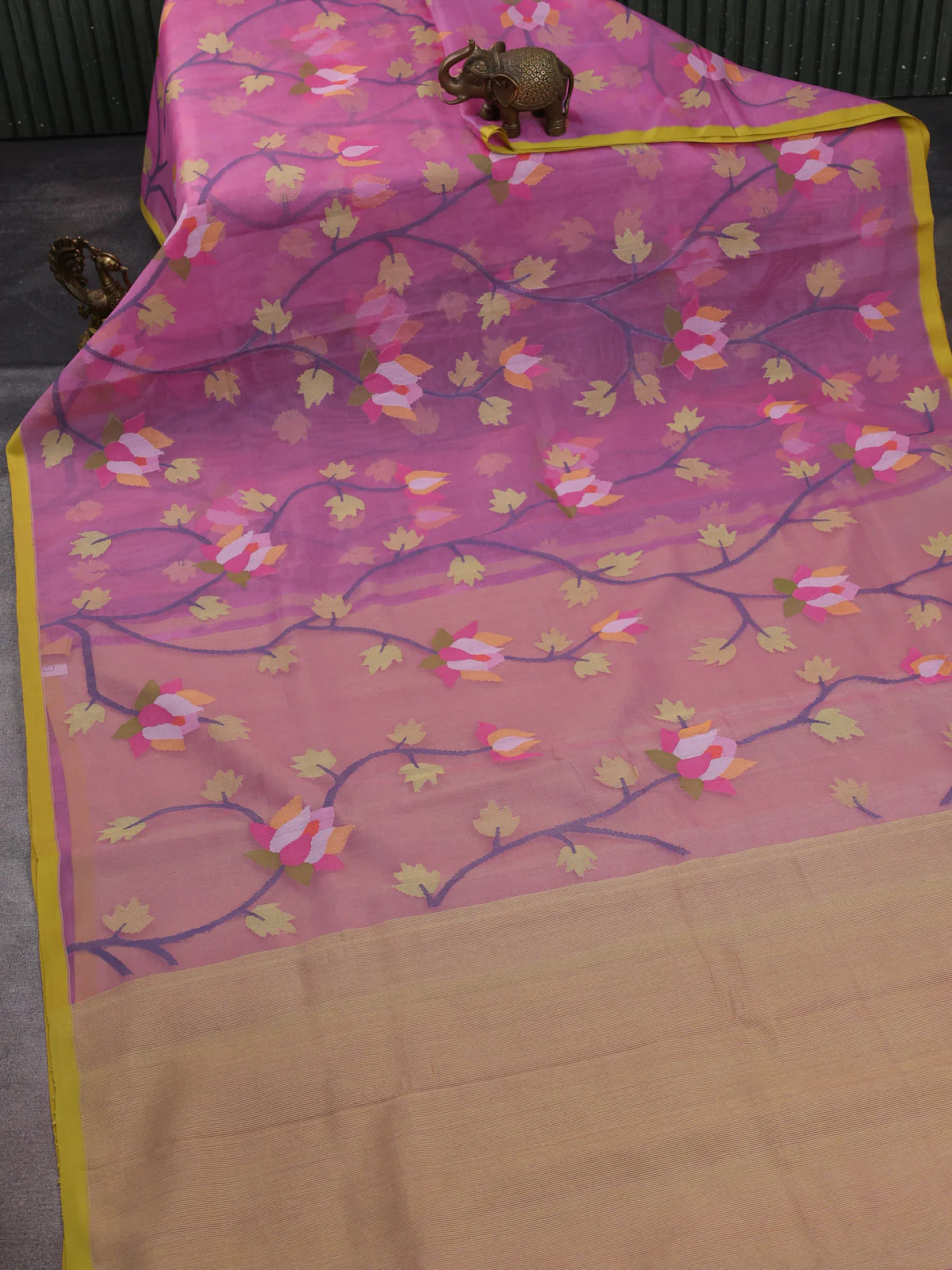Light Pink- Lime Yellow Banarasi Dhakai Kora Silk Saree - Image 2