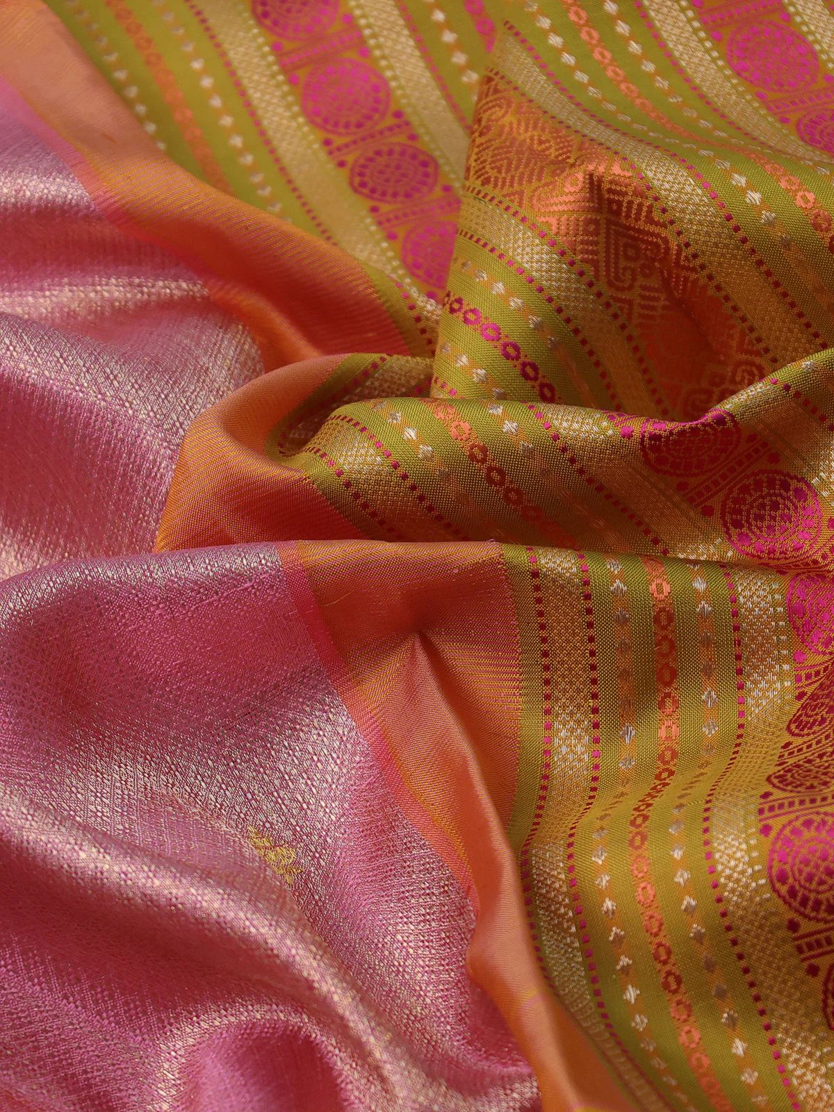 Light Pink-Mustard Yellow Kanchipuram Tissue Silk Saree With Allover Weaves & Rich Zari Border - Image 3