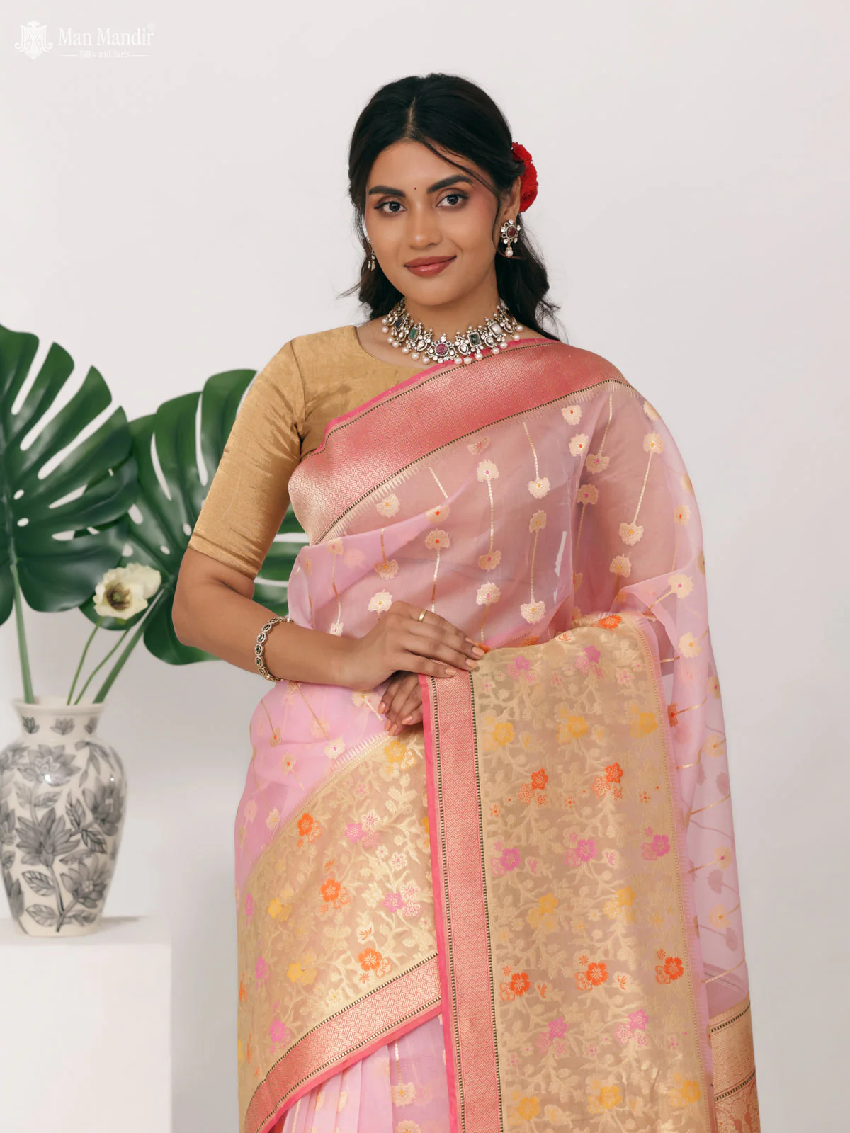 Light Pink - Pink Banarasi Kora Silk Saree - Image 2