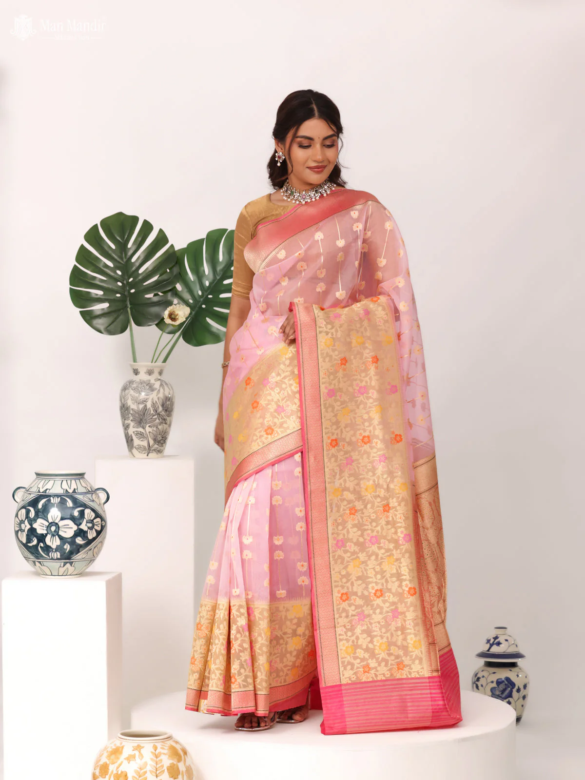 Light Pink - Pink Banarasi Kora Silk Saree - Image 4