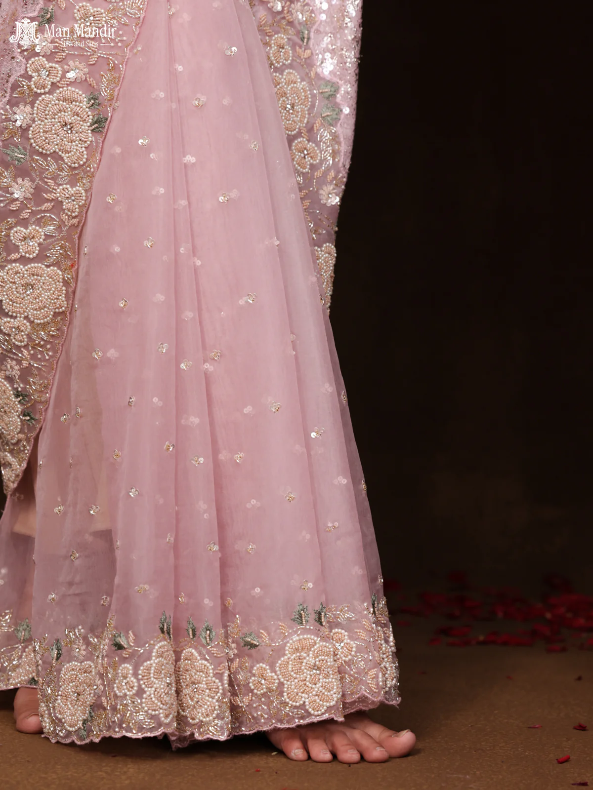 Light Pink Sequin Embroidered Netted Organza Designer Saree - Image 5