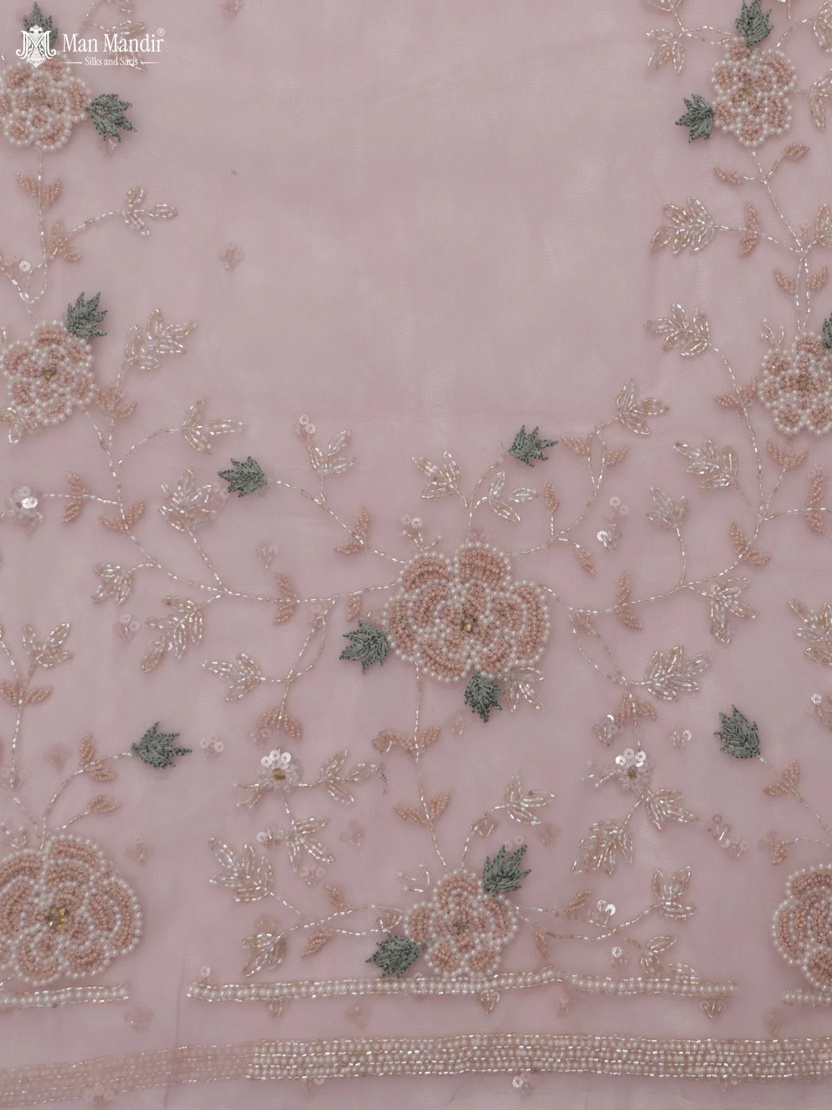 Light Pink Sequin Embroidered Netted Organza Designer Saree - Image 6