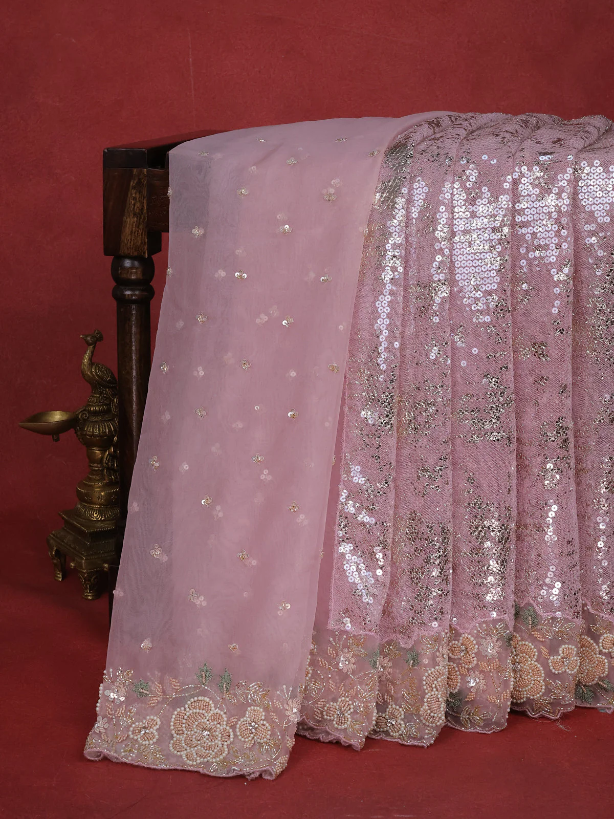 Light Pink Sequin Embroidered Netted Organza Designer Saree - Image 7