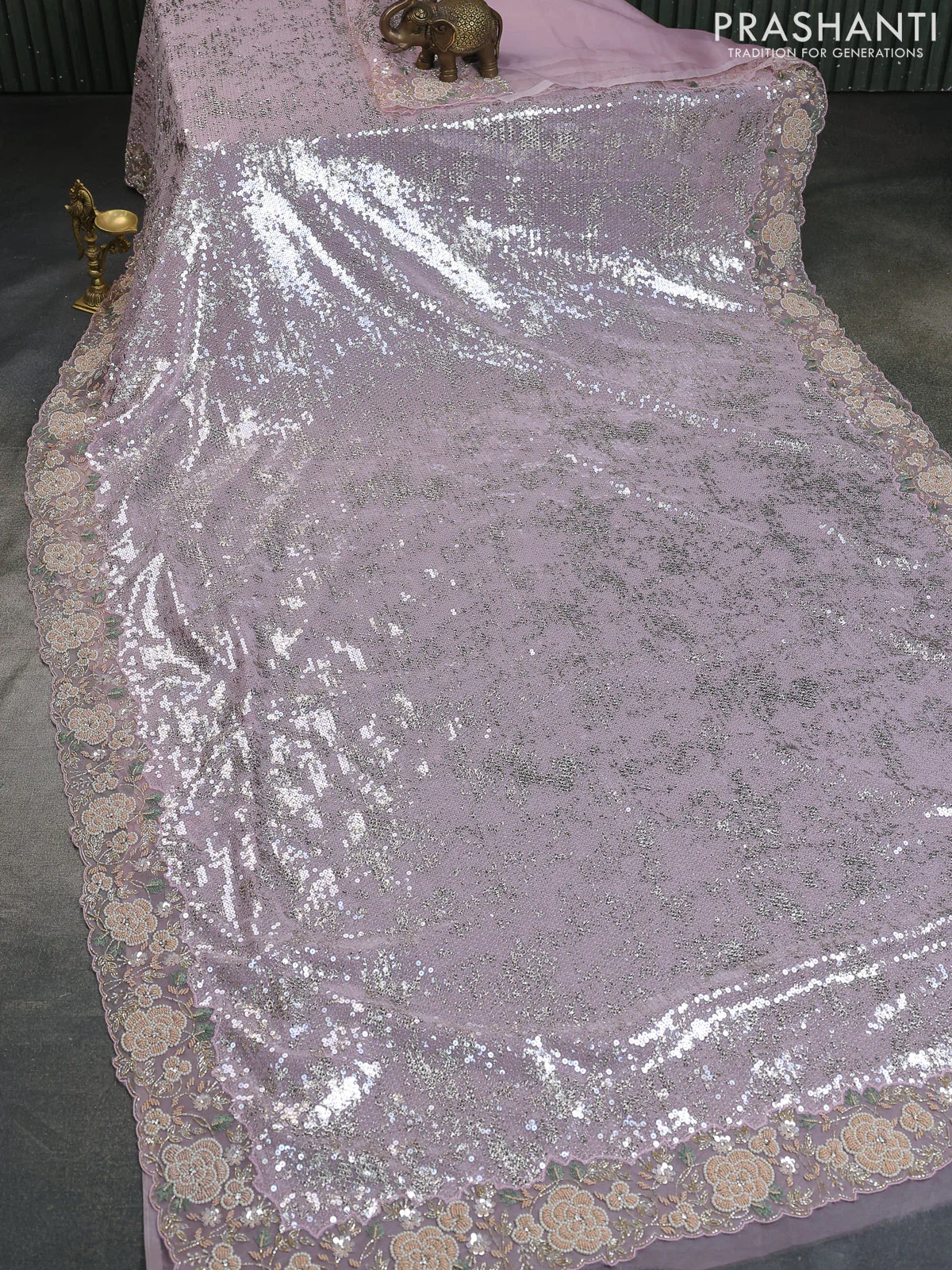 Light Pink Sequin Embroidered Netted Organza Designer Saree - Image 8