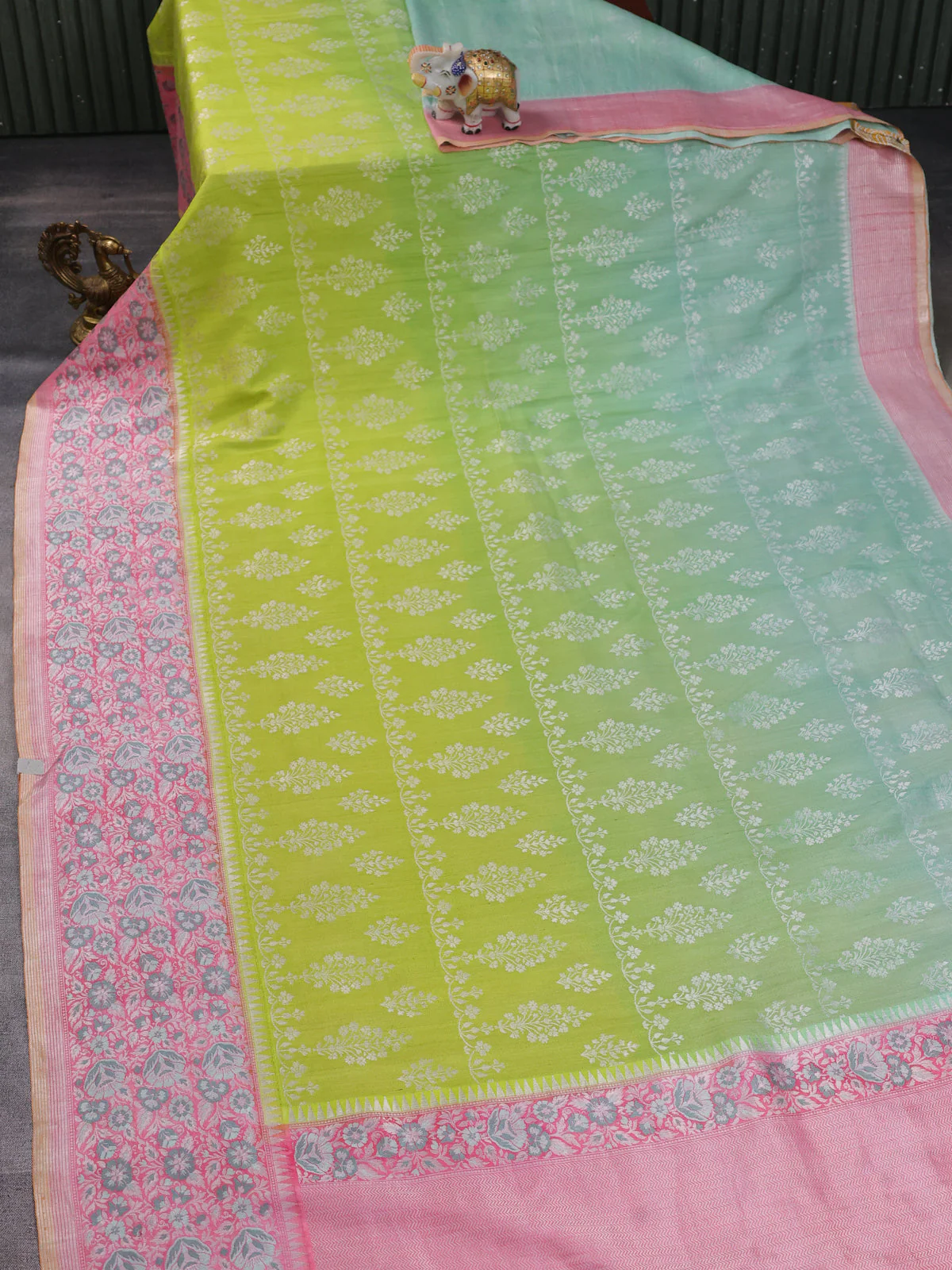 Lime Green And Light Green Banarasi Khaddi Tussar Saree - Image 2