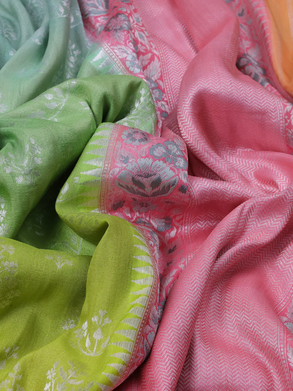 Lime Green And Light Green Banarasi Khaddi Tussar Saree - Image 3