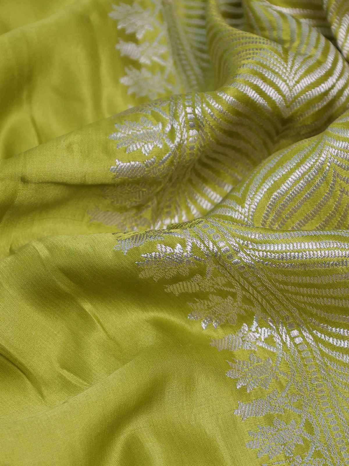 Lime Green Banarasi Mushru Silk Saree - Image 3