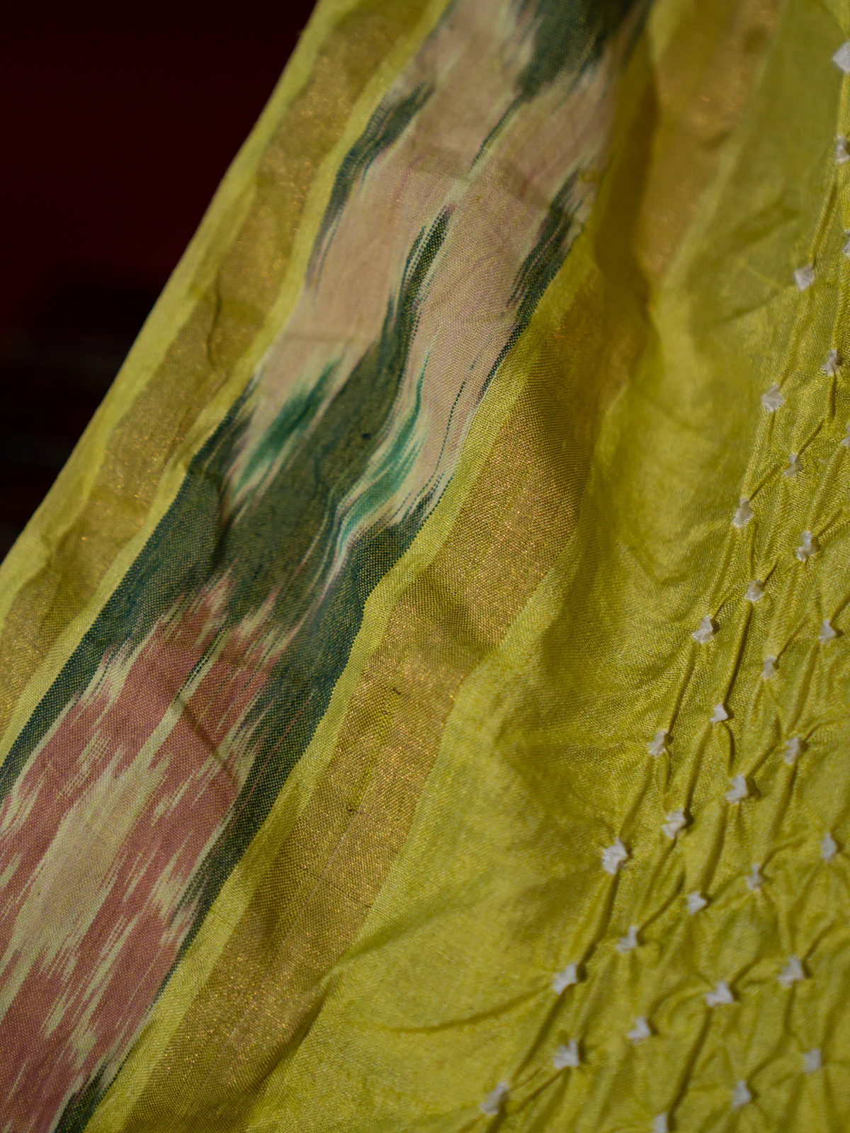 Lime Green Tussar Silk Saree With Bandhej And Kantha Work - Image 3
