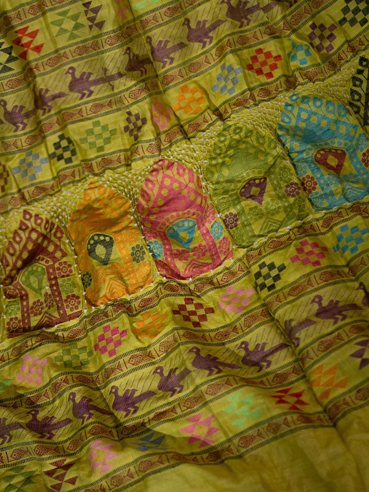 Lime Green Tussar Silk Saree With Bandhej And Kantha Work - Image 4