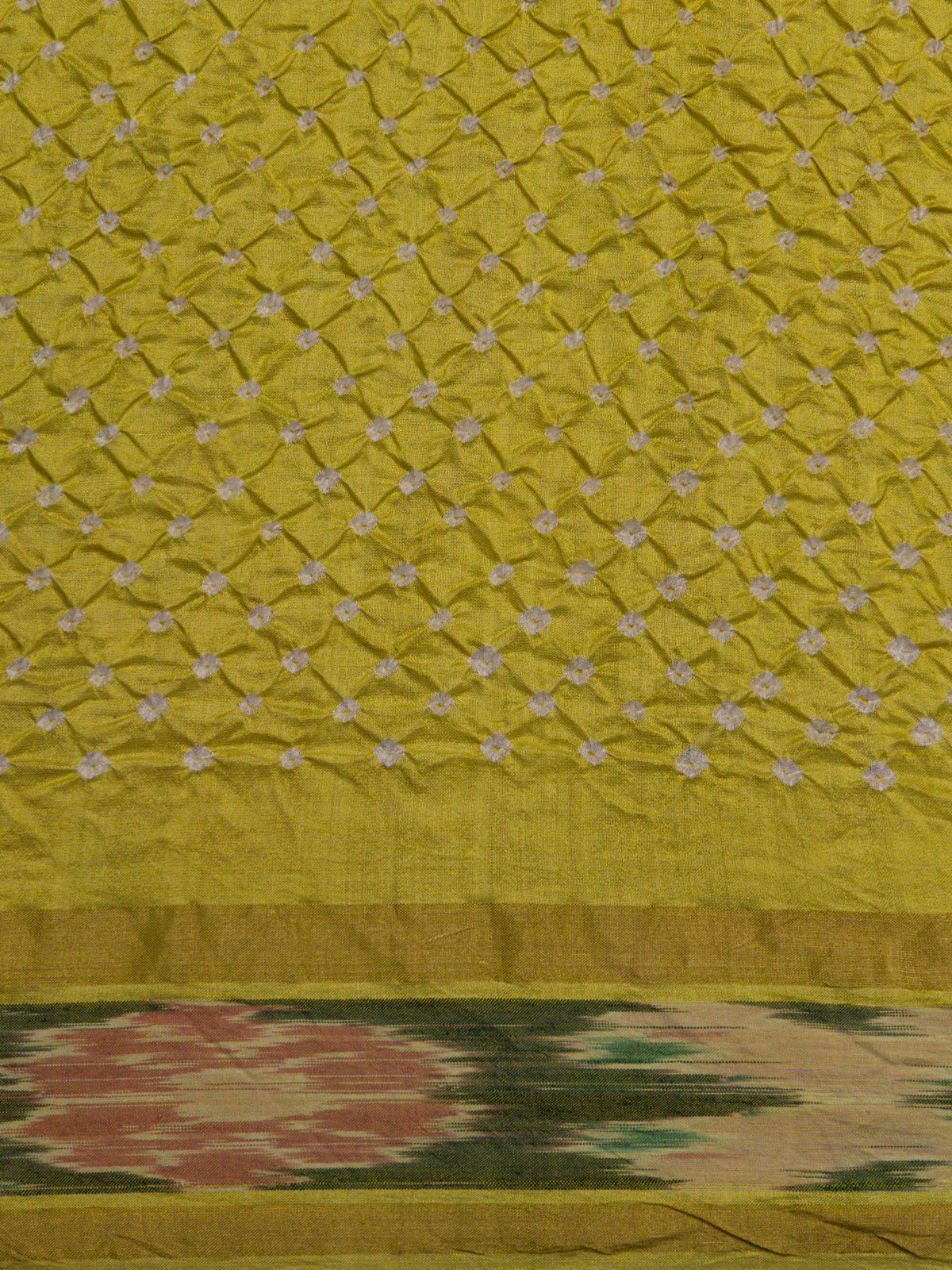 Lime Green Tussar Silk Saree With Bandhej And Kantha Work - Image 5