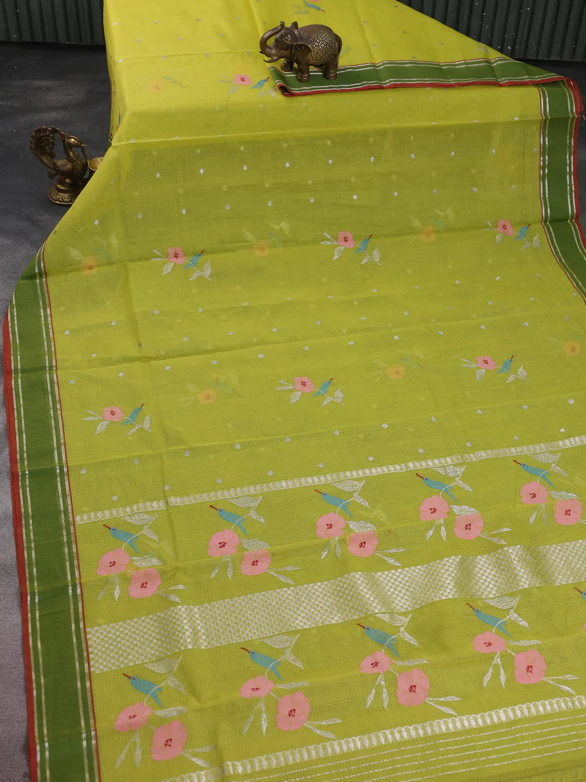 Lime Green-Green Zari Kota Saree - Image 2