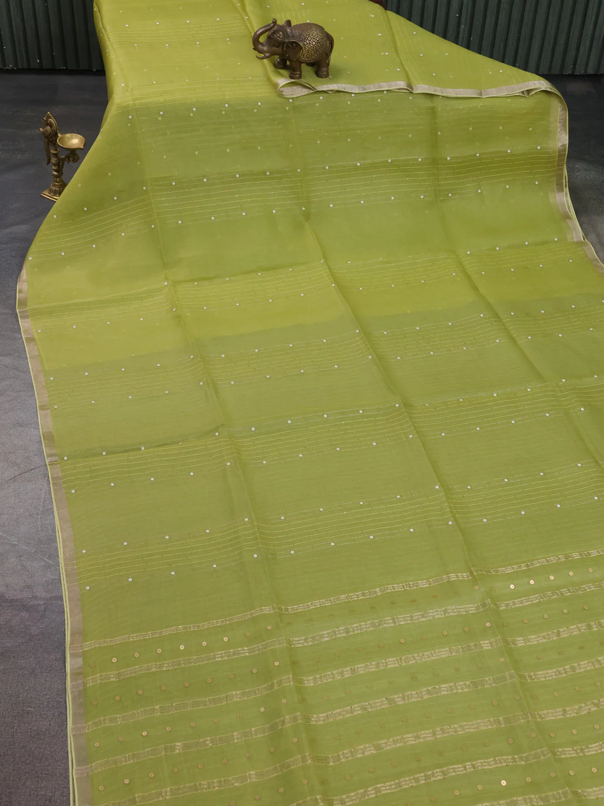 Lime Green Muslin Organza Saree - Image 2