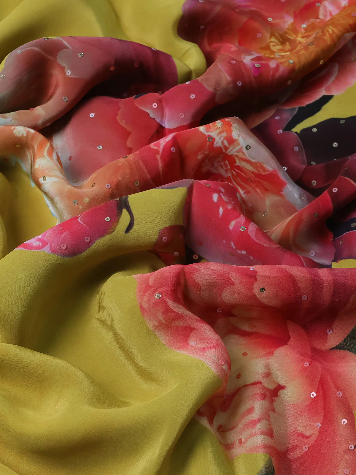 Lime Yellow Printed Crepe Desinger Saree - Image 3