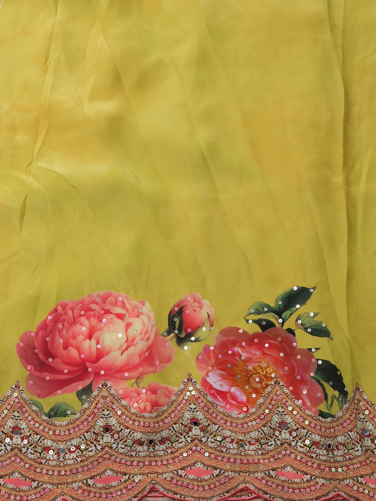 Lime Yellow Printed Crepe Desinger Saree - Image 4