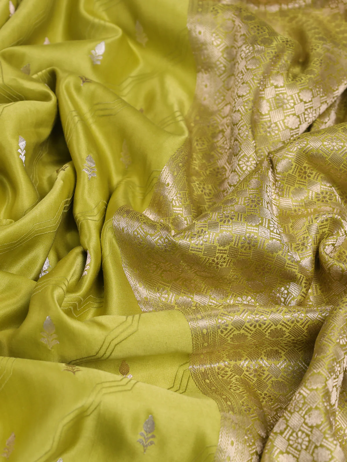 Lime Yellow Banarasi Mushru Silk Saree - Image 3